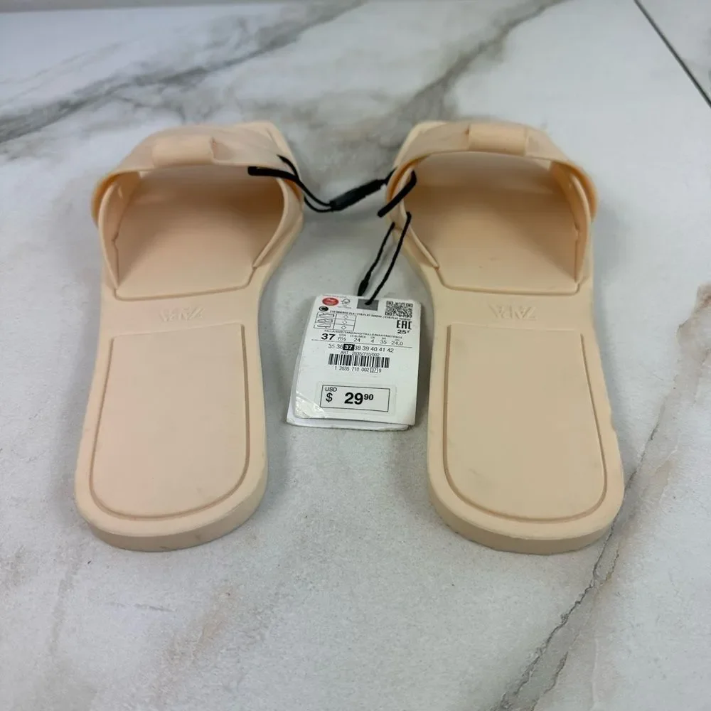 NWT Zara Women's Beige Rubberized Criss Cross Slip On Sandals Slides Flats, 6.5 - Picture 6 of 11